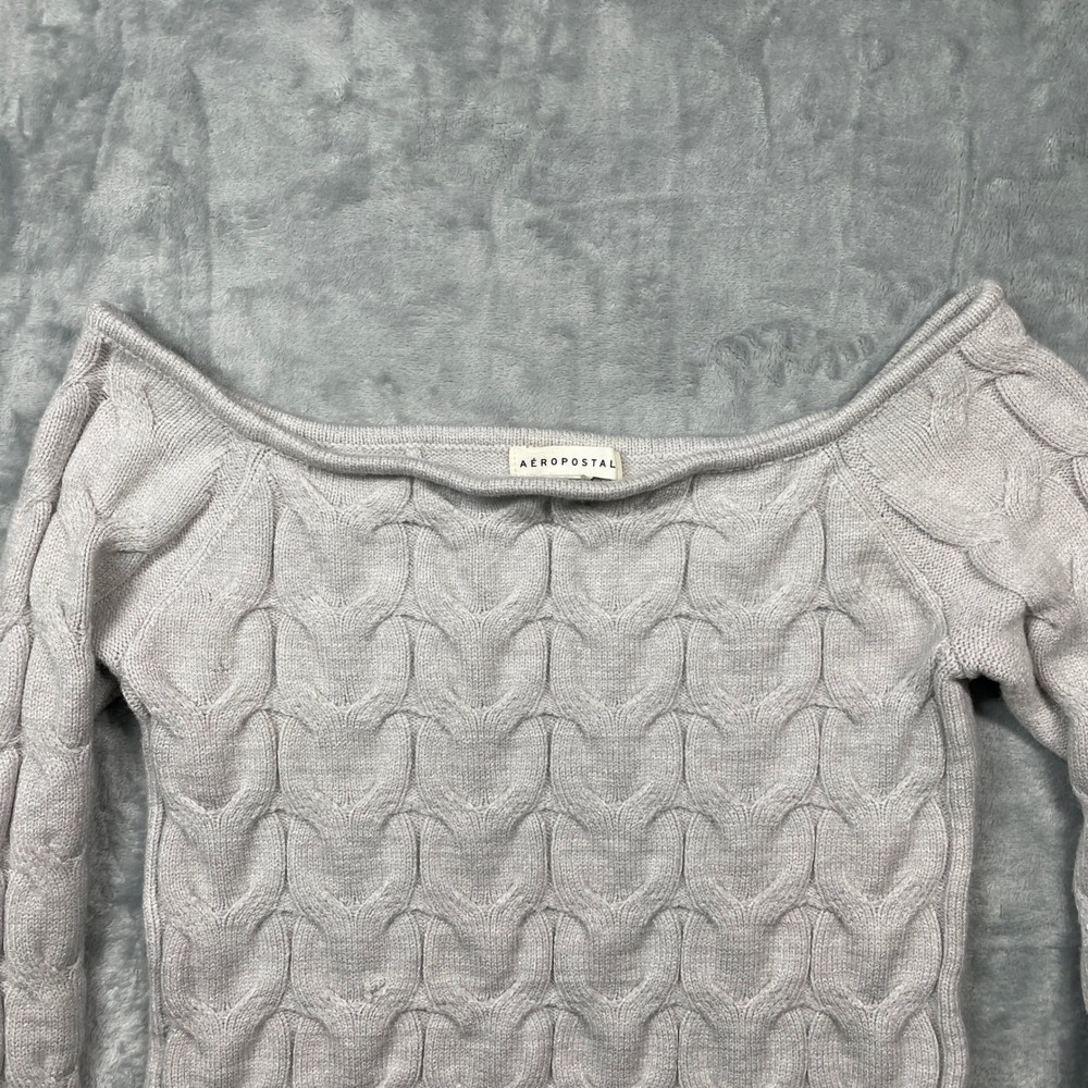 Aeropostale Off Shoulder Cable Knit Sweater Light Gray Size Medium - Picture 4 of 10